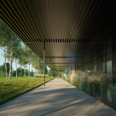 Krematorium Thun - Weg zum Eingang unter dem Dach